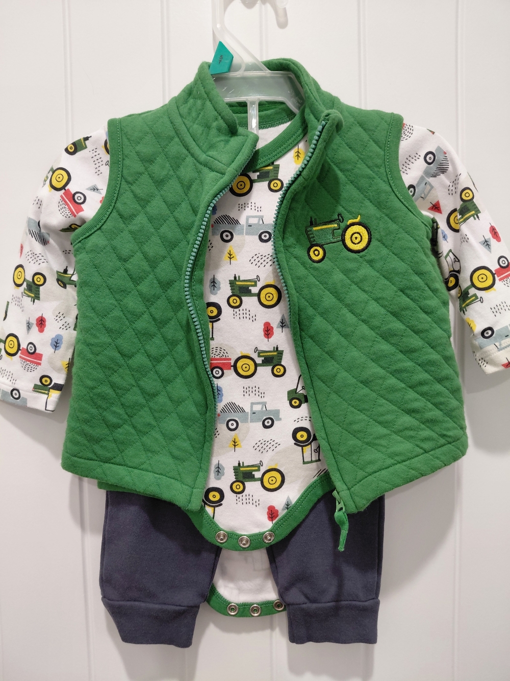 John Deere Green Quilted Vest with Tractor Print Bodysuit and Navy Pants